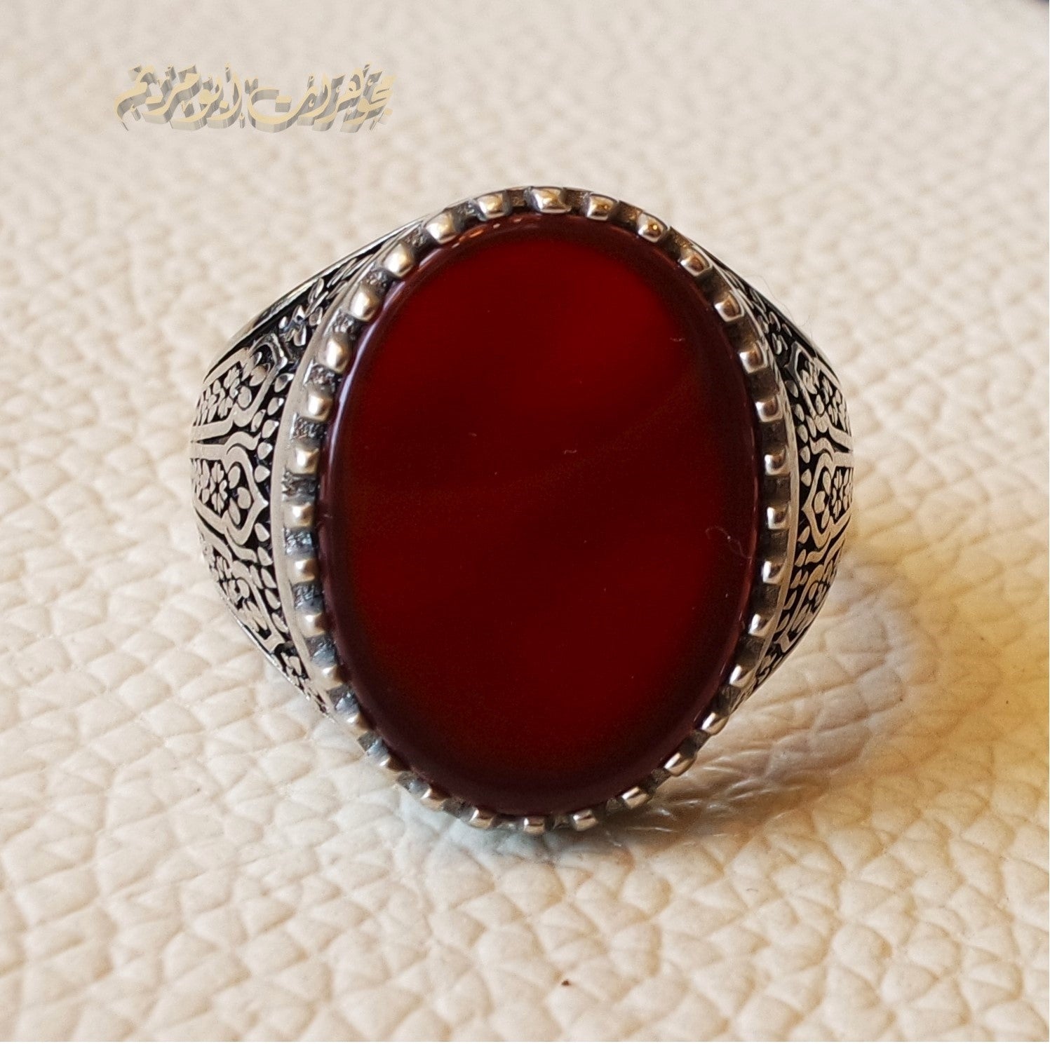 Striped aqeeq natural liver agate carnelian stone oval red flat gem man ring sterling silver Arabic middle eastern turkey style