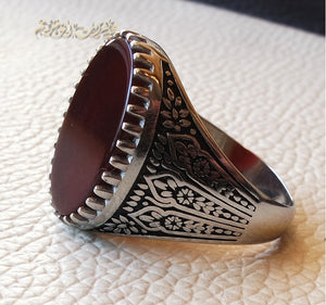 Striped aqeeq natural liver agate carnelian stone oval red flat gem man ring sterling silver Arabic middle eastern turkey style