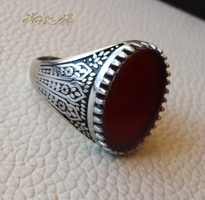 Striped aqeeq natural liver agate carnelian stone oval red flat gem man ring sterling silver Arabic middle eastern turkey style