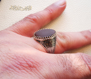 Striped aqeeq natural liver agate carnelian stone oval red flat gem man ring sterling silver Arabic middle eastern turkey style