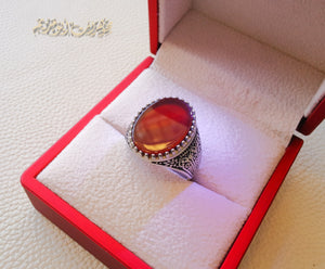 Striped aqeeq natural liver agate carnelian stone oval red flat gem man ring sterling silver Arabic middle eastern turkey style