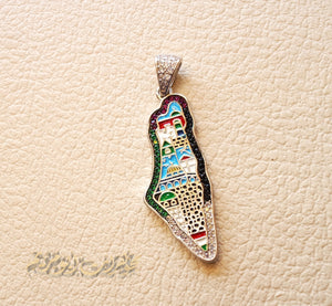 Palestine map Aqsa colorful enamel Palestinian flag colors cubic zirconia necklace sterling silver 925 high quality jewelry Arabic خارطه فلسطين