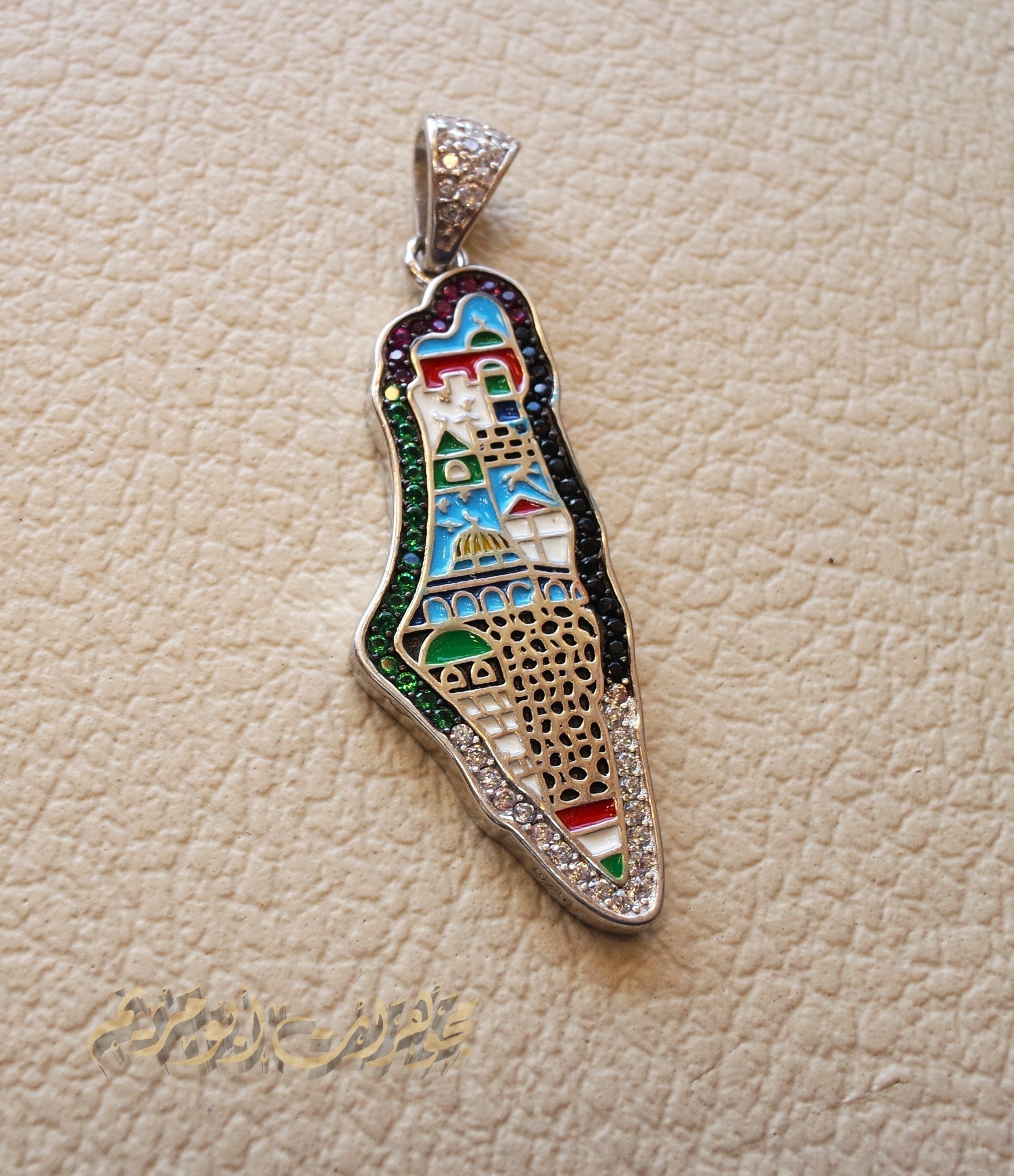 Palestine map Aqsa colorful enamel Palestinian flag colors cubic zirconia necklace sterling silver 925 high quality jewelry Arabic خارطه فلسطين