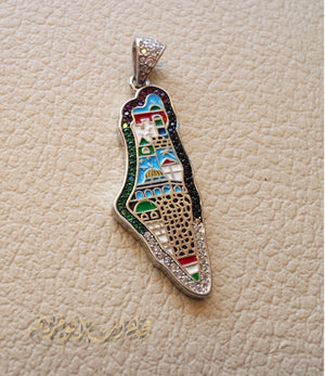 Palestine map Aqsa colorful enamel Palestinian flag colors cubic zirconia necklace sterling silver 925 high quality jewelry Arabic خارطه فلسطين