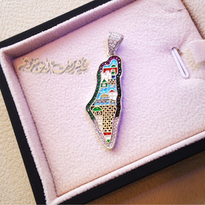 Palestine map Aqsa colorful enamel Palestinian flag colors cubic zirconia necklace sterling silver 925 high quality jewelry Arabic خارطه فلسطين