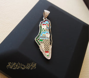 Palestine map Aqsa colorful enamel Palestinian flag colors cubic zirconia necklace sterling silver 925 high quality jewelry Arabic خارطه فلسطين