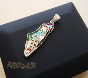 Palestine map Aqsa colorful enamel Palestinian flag colors cubic zirconia necklace sterling silver 925 high quality jewelry Arabic خارطه فلسطين
