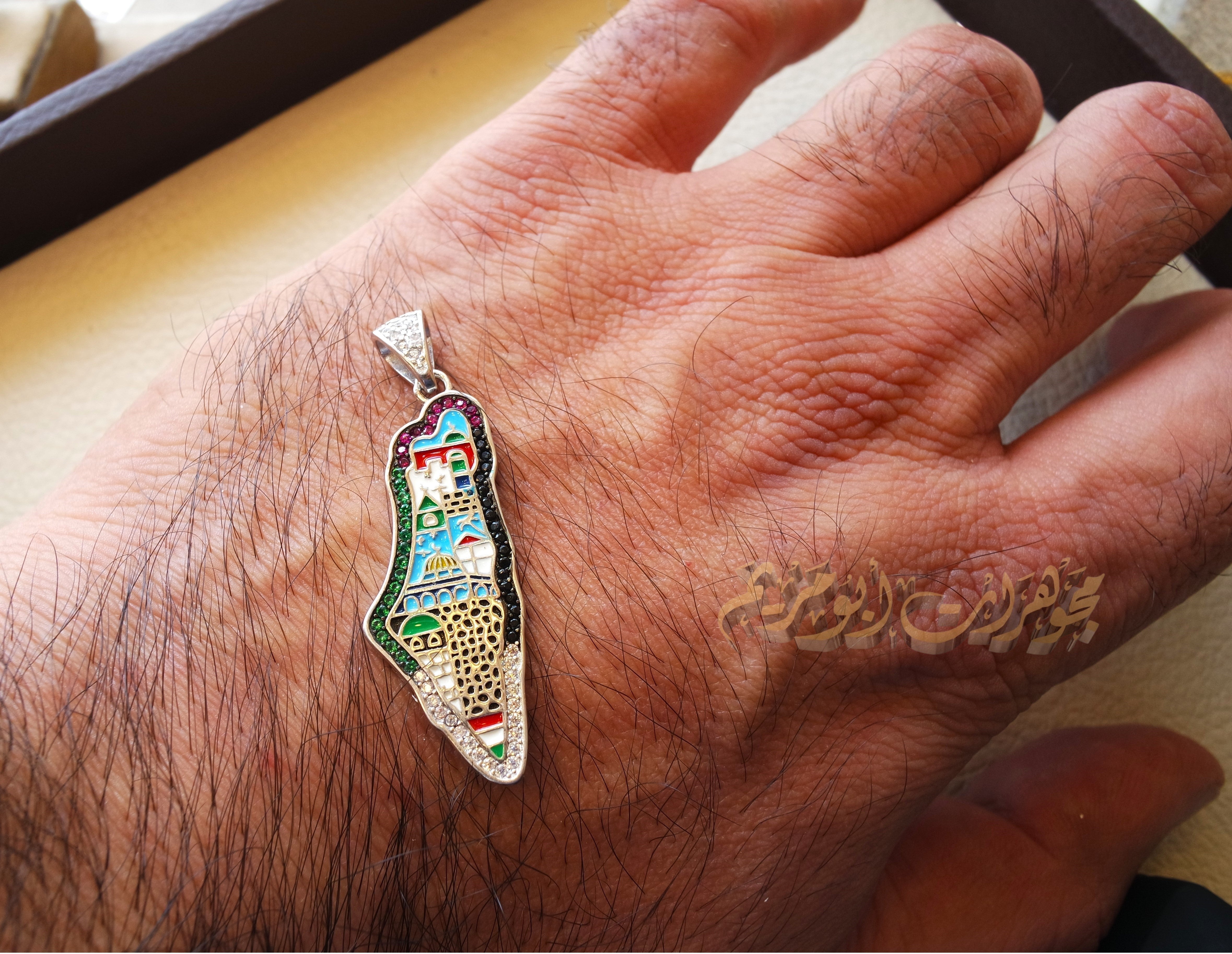 Palestine map Aqsa colorful enamel Palestinian flag colors cubic zirconia necklace sterling silver 925 high quality jewelry Arabic خارطه فلسطين