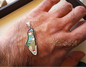 Palestine map Aqsa colorful enamel Palestinian flag colors cubic zirconia necklace sterling silver 925 high quality jewelry Arabic خارطه فلسطين