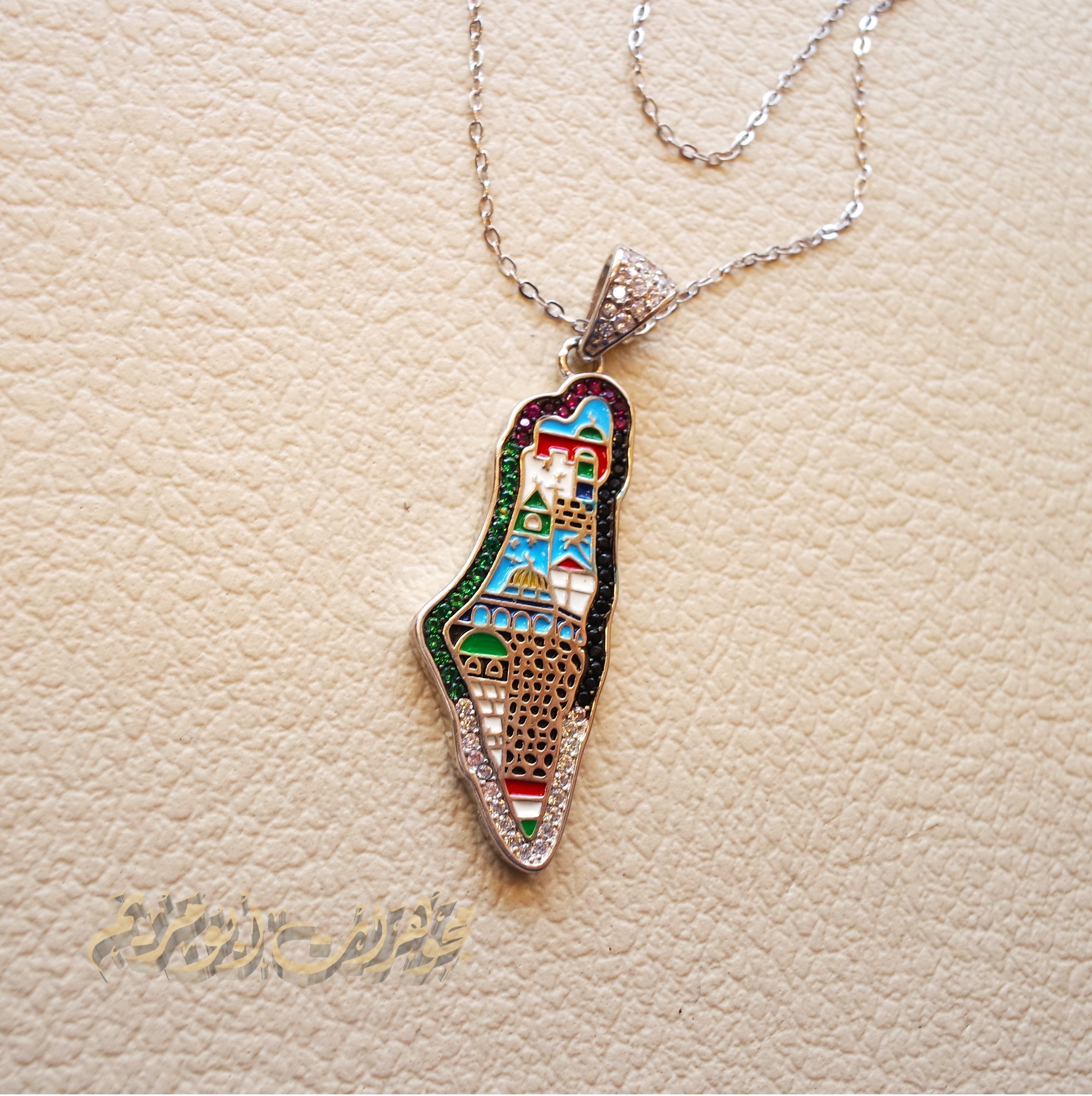 Palestine map Aqsa colorful enamel Palestinian flag colors cubic zirconia necklace sterling silver 925 high quality jewelry Arabic خارطه فلسطين