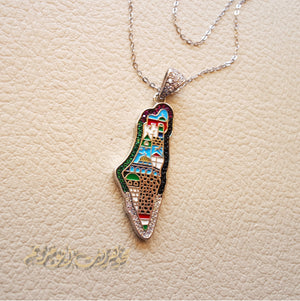 Palestine map Aqsa colorful enamel Palestinian flag colors cubic zirconia necklace sterling silver 925 high quality jewelry Arabic خارطه فلسطين