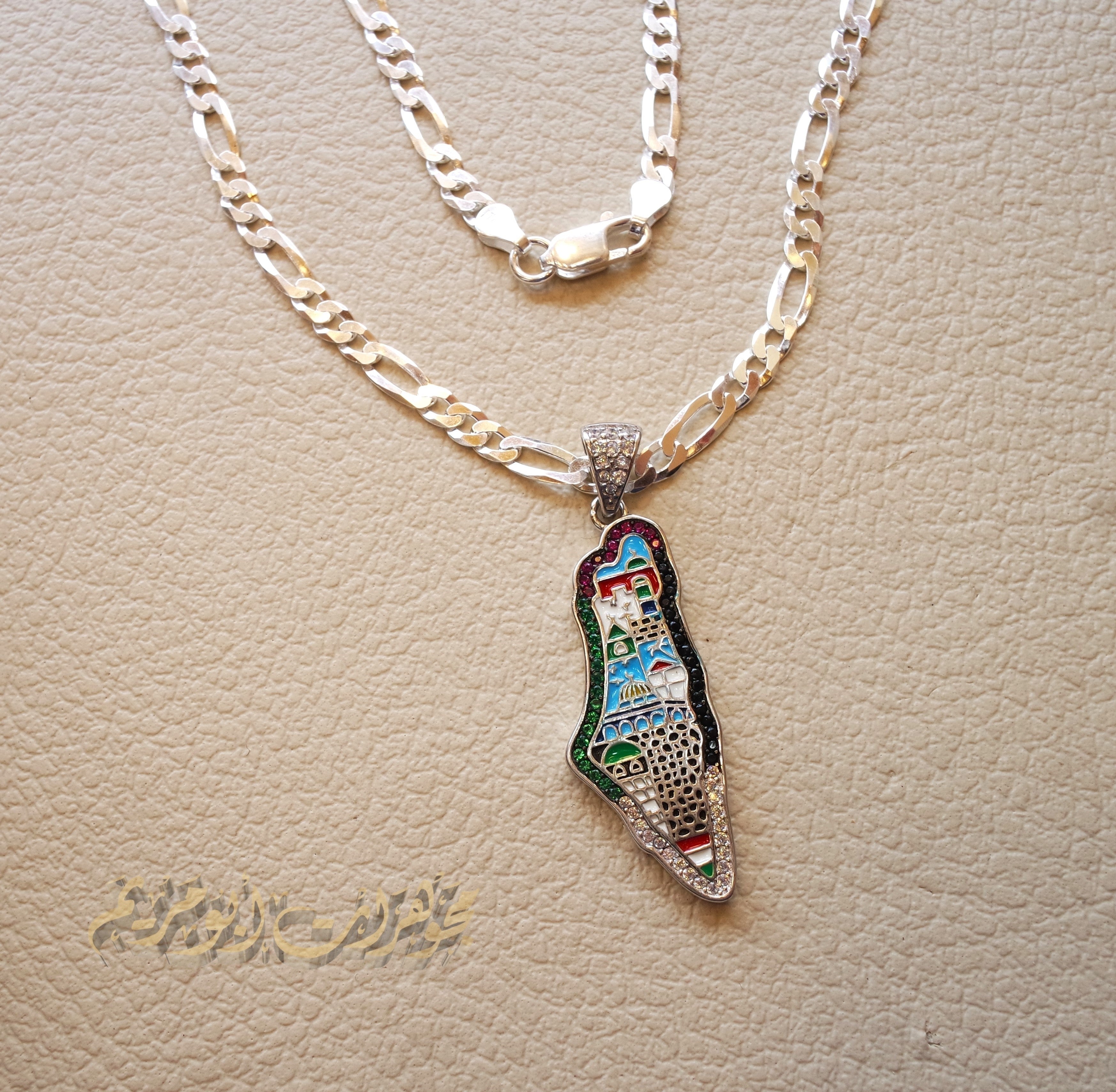 Palestine map Aqsa colorful enamel Palestinian flag colors cubic zirconia necklace filigree thick chain  sterling silver 925 high quality jewelry Arabic خارطه فلسطين