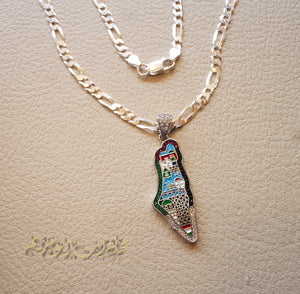 Palestine map Aqsa colorful enamel Palestinian flag colors cubic zirconia necklace filigree thick chain  sterling silver 925 high quality jewelry Arabic خارطه فلسطين