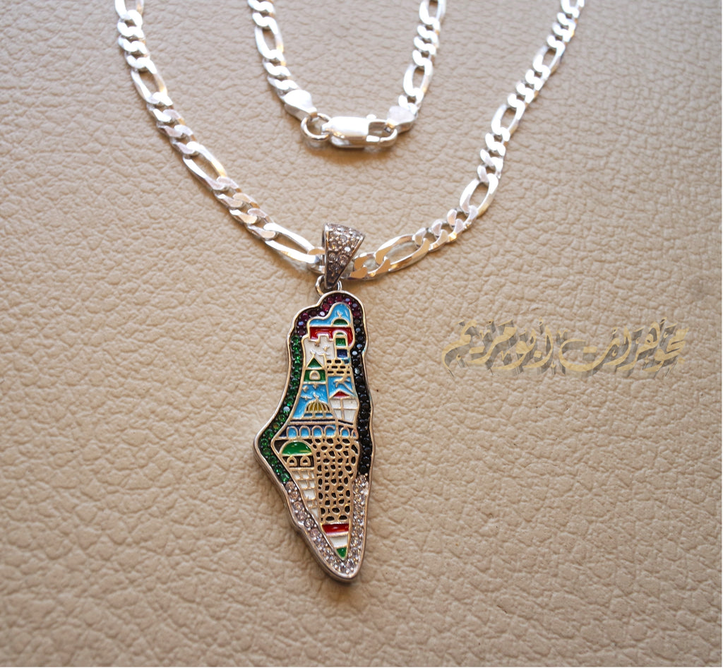Palestine map Aqsa colorful enamel Palestinian flag colors cubic zirconia necklace filigree thick chain  sterling silver 925 high quality jewelry Arabic خارطه فلسطين