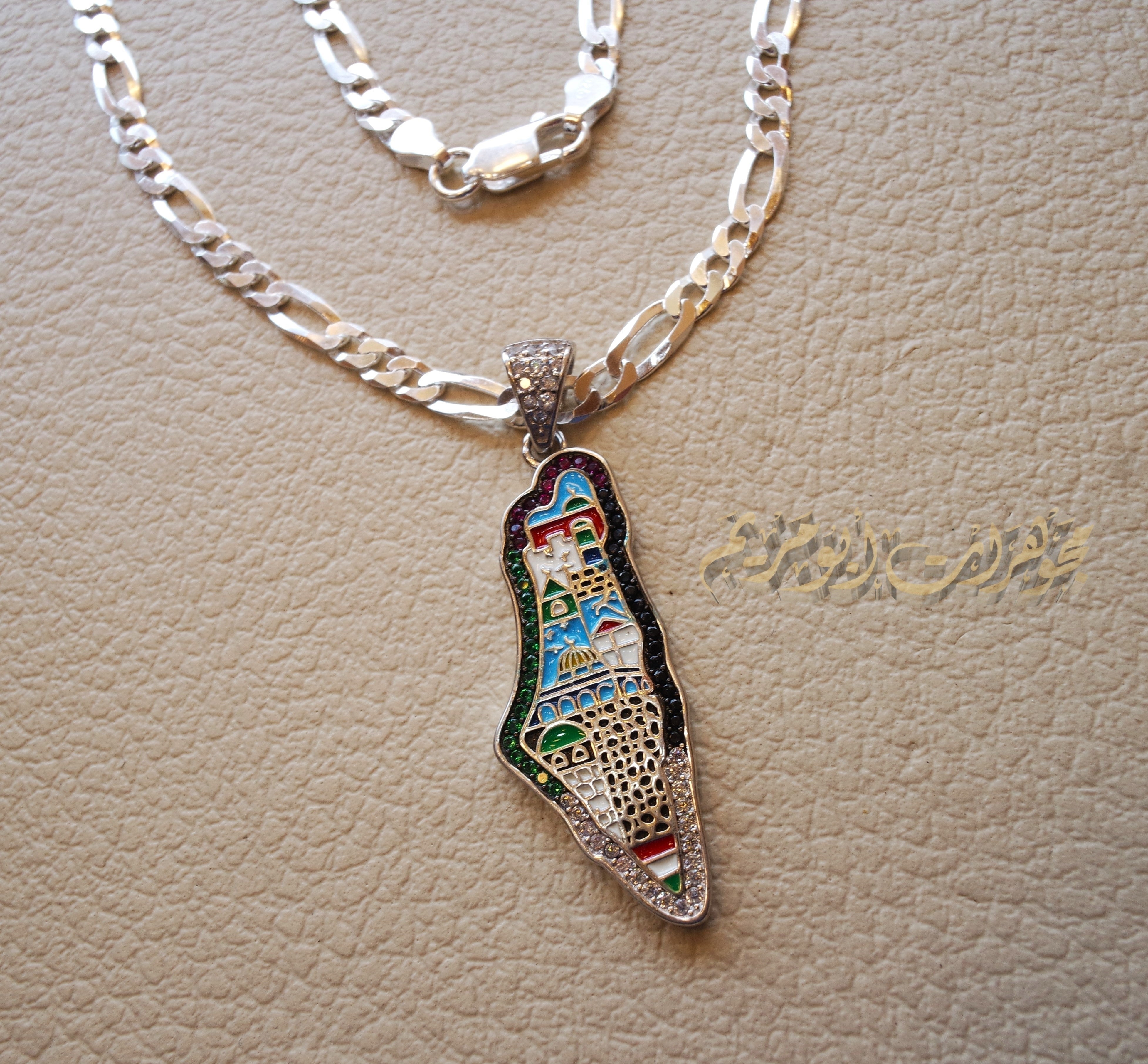 Palestine map Aqsa colorful enamel Palestinian flag colors cubic zirconia necklace filigree thick chain  sterling silver 925 high quality jewelry Arabic خارطه فلسطين