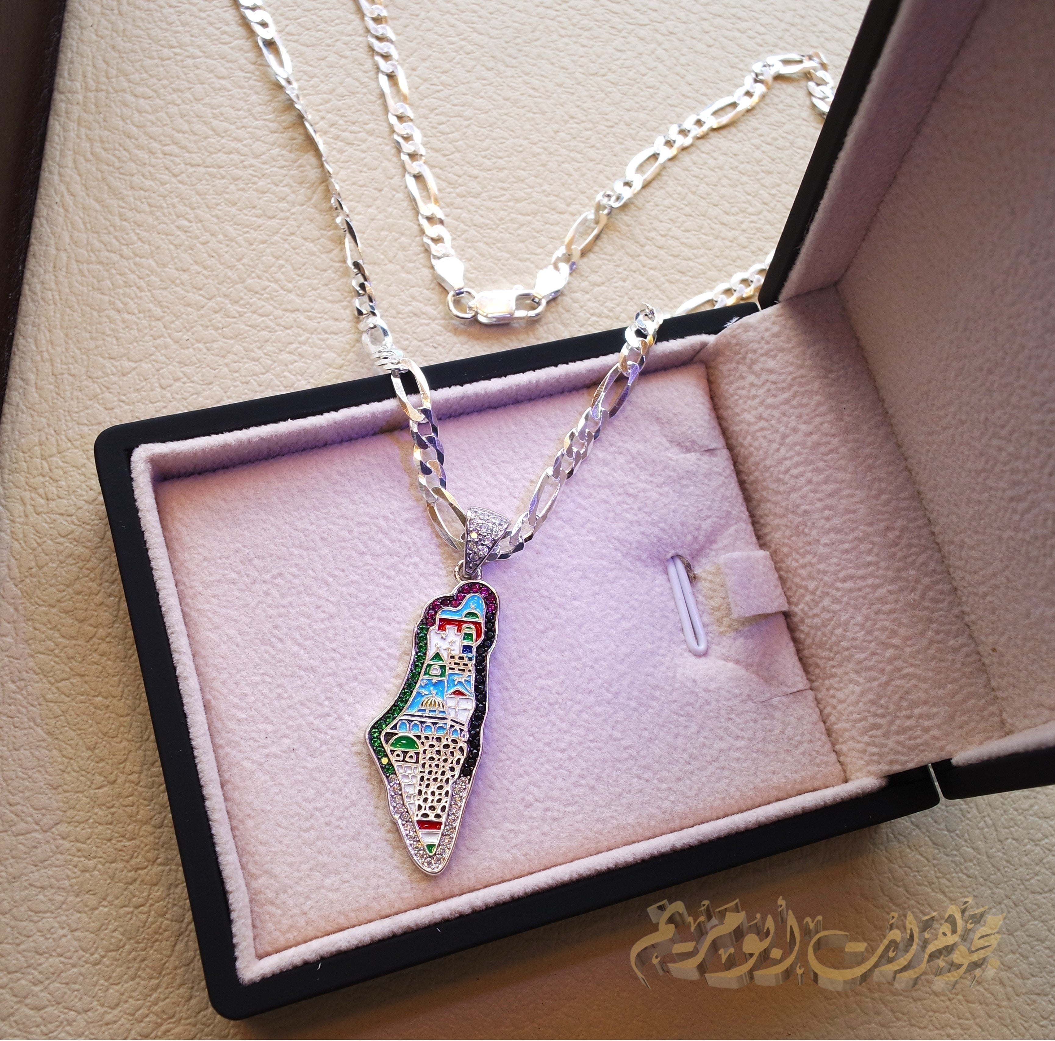 Palestine map Aqsa colorful enamel Palestinian flag colors cubic zirconia necklace filigree thick chain  sterling silver 925 high quality jewelry Arabic خارطه فلسطين