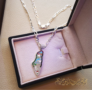 Palestine map Aqsa colorful enamel Palestinian flag colors cubic zirconia necklace filigree thick chain  sterling silver 925 high quality jewelry Arabic خارطه فلسطين