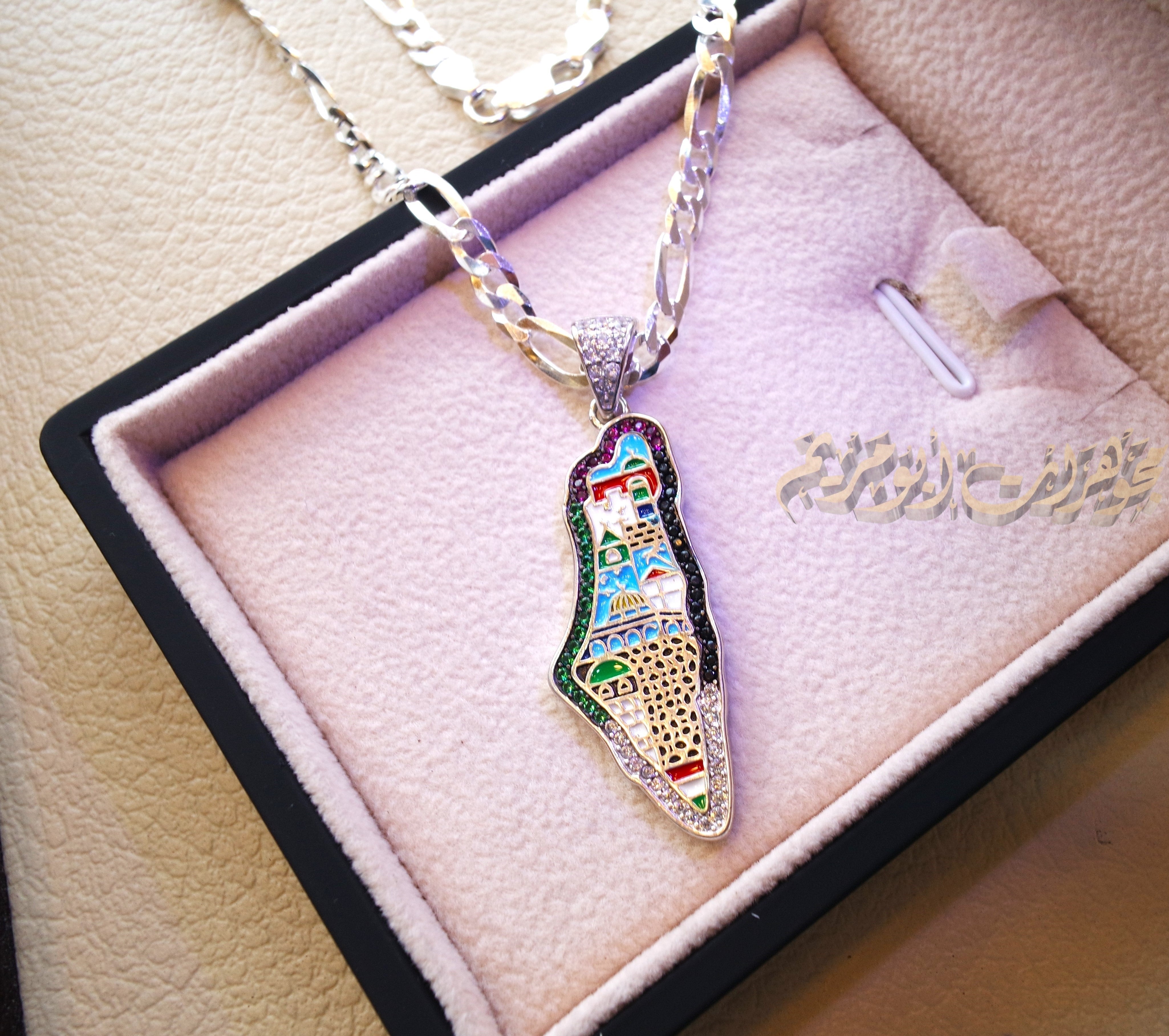 Palestine map Aqsa colorful enamel Palestinian flag colors cubic zirconia necklace filigree thick chain  sterling silver 925 high quality jewelry Arabic خارطه فلسطين