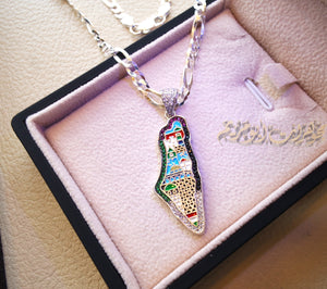 Palestine map Aqsa colorful enamel Palestinian flag colors cubic zirconia necklace filigree thick chain  sterling silver 925 high quality jewelry Arabic خارطه فلسطين