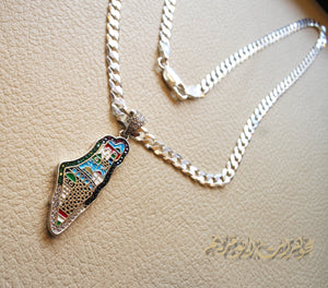 Palestine map Aqsa colorful enamel Palestinian flag colors cubic zirconia necklace thick chain 2 sterling silver 925 high quality jewelry Arabic خارطه فلسطين
