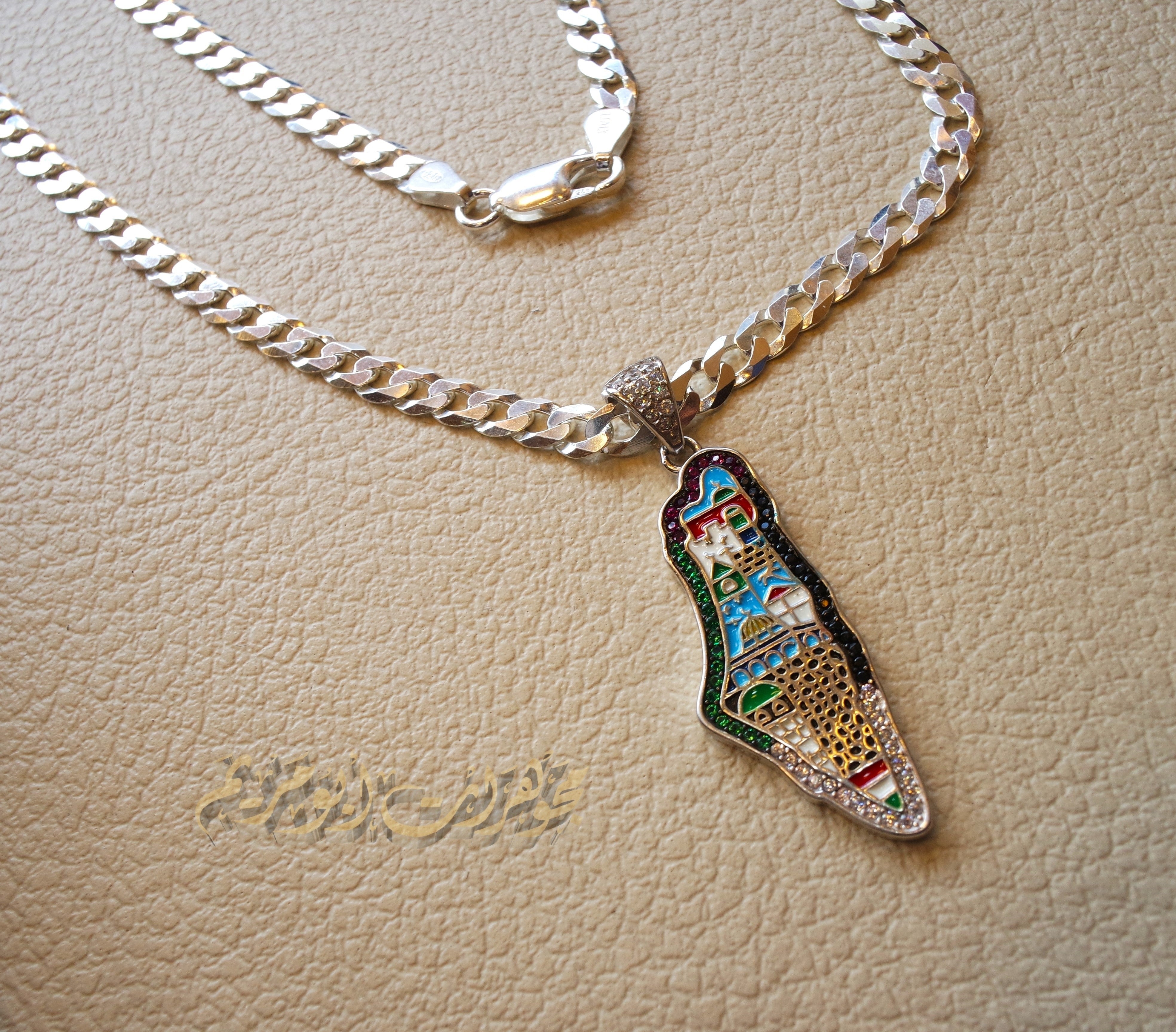 Palestine map Aqsa colorful enamel Palestinian flag colors cubic zirconia necklace thick chain 2 sterling silver 925 high quality jewelry Arabic خارطه فلسطين