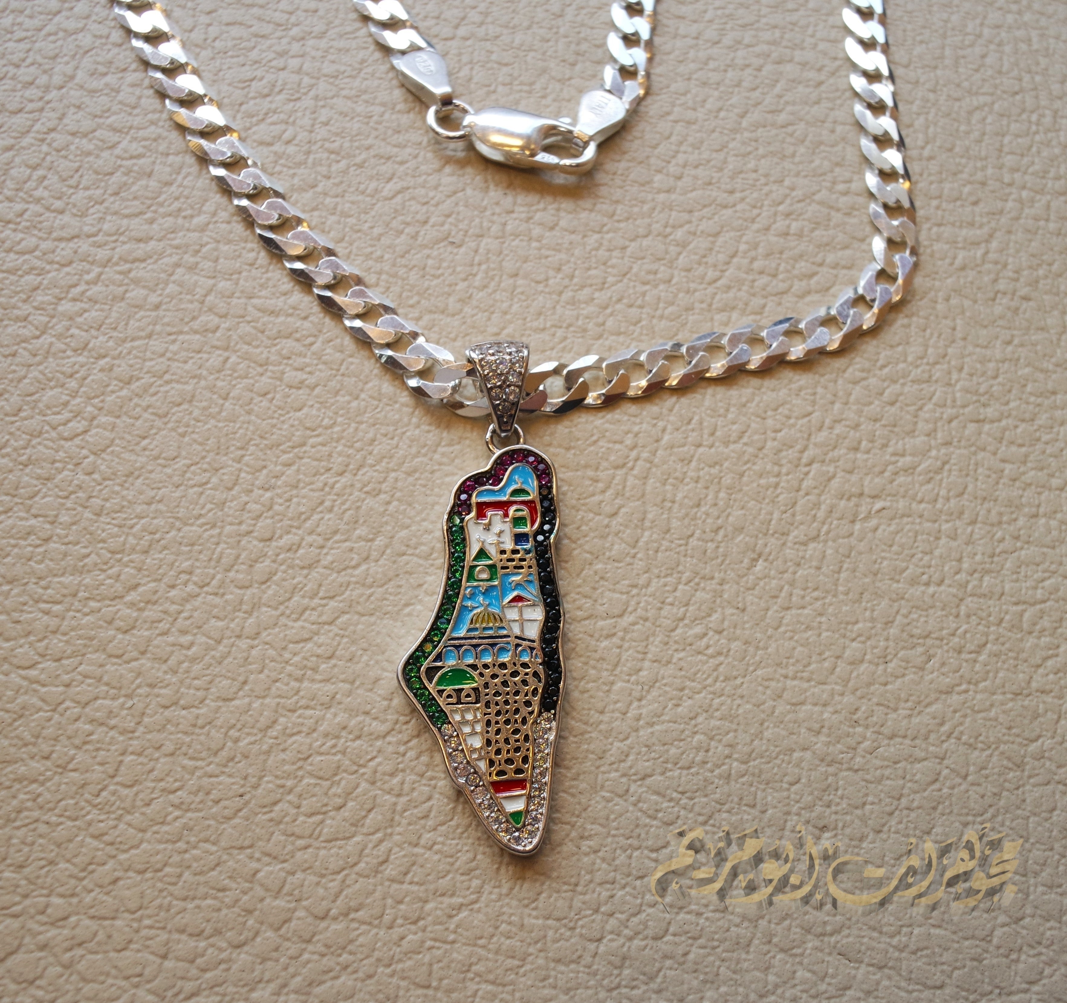 Palestine map Aqsa colorful enamel Palestinian flag colors cubic zirconia necklace thick chain 2 sterling silver 925 high quality jewelry Arabic خارطه فلسطين