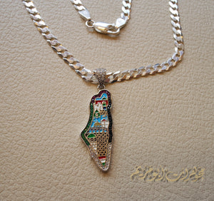 Palestine map Aqsa colorful enamel Palestinian flag colors cubic zirconia necklace thick chain 2 sterling silver 925 high quality jewelry Arabic خارطه فلسطين