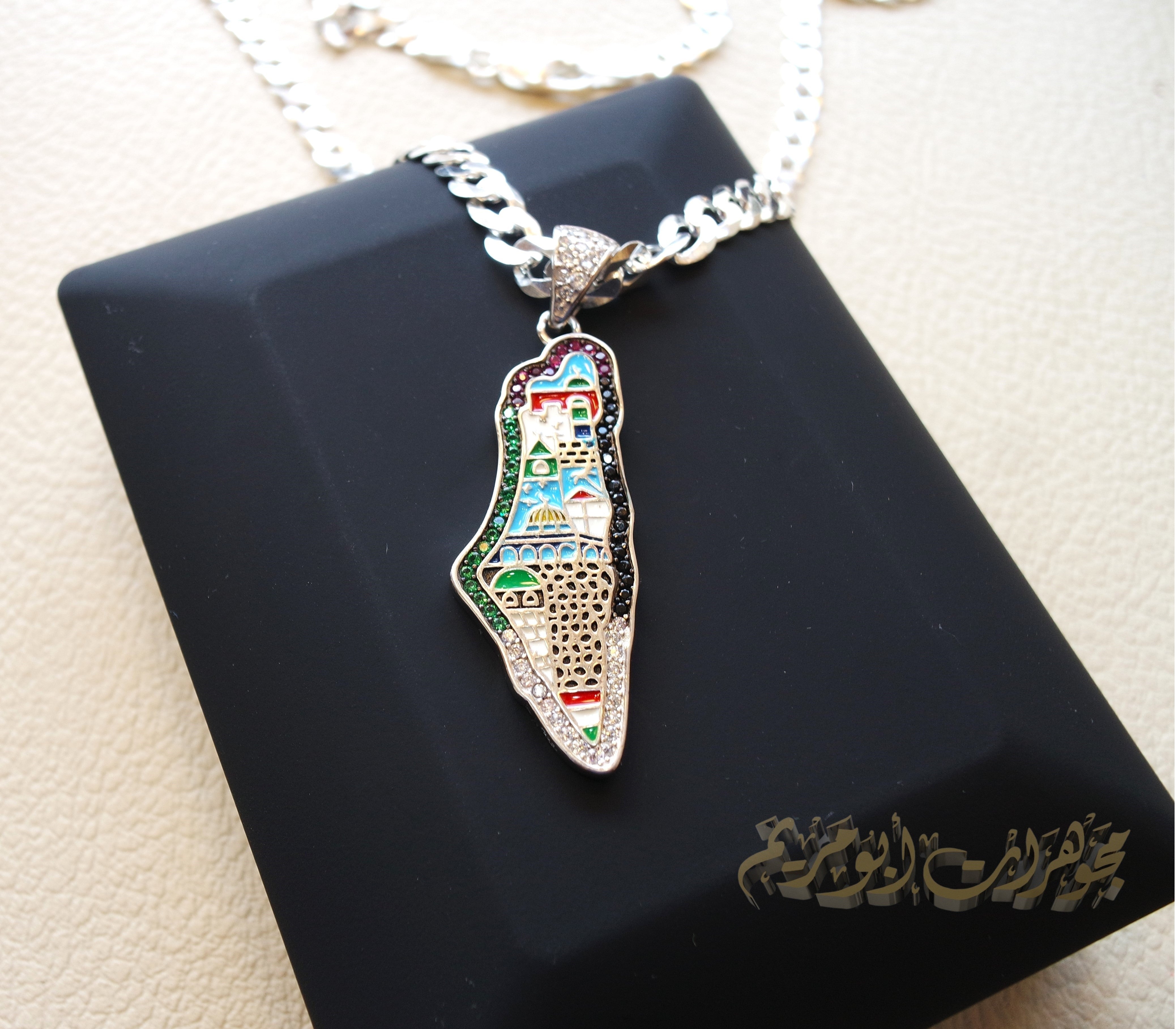 Palestine map Aqsa colorful enamel Palestinian flag colors cubic zirconia necklace thick chain 2 sterling silver 925 high quality jewelry Arabic خارطه فلسطين