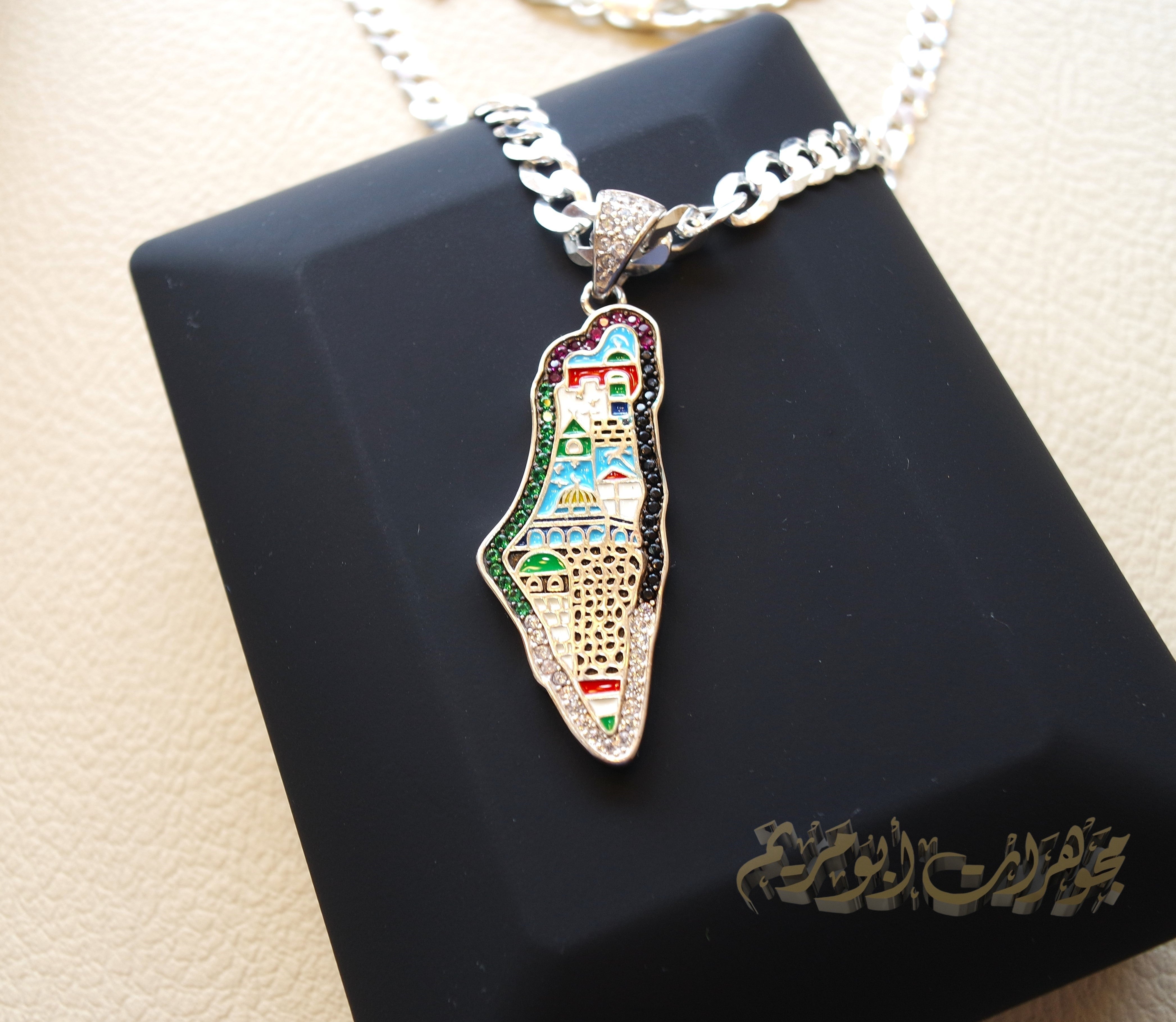 Palestine map Aqsa colorful enamel Palestinian flag colors cubic zirconia necklace thick chain 2 sterling silver 925 high quality jewelry Arabic خارطه فلسطين