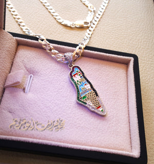 Palestine map Aqsa colorful enamel Palestinian flag colors cubic zirconia necklace thick chain 2 sterling silver 925 high quality jewelry Arabic خارطه فلسطين