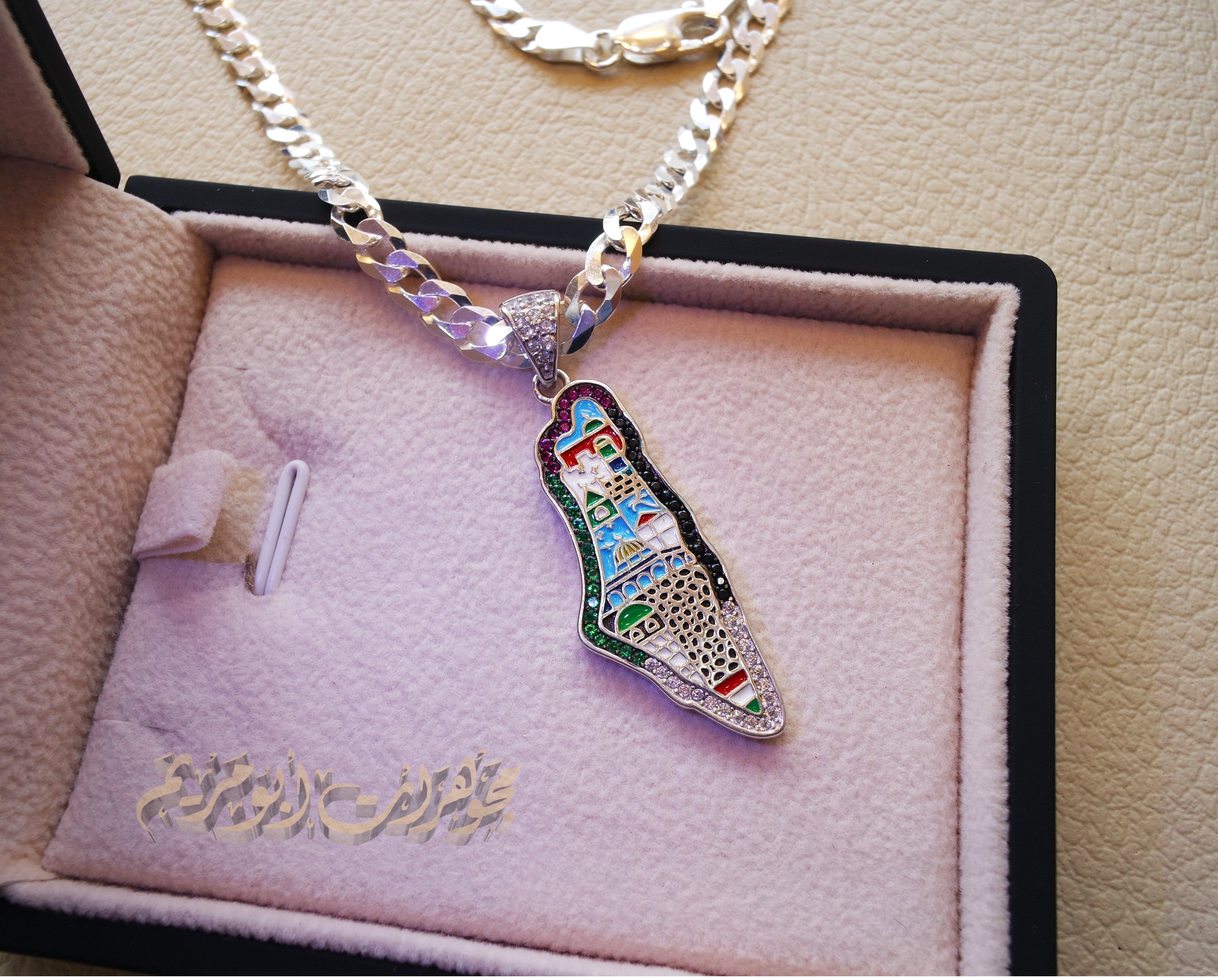 Palestine map Aqsa colorful enamel Palestinian flag colors cubic zirconia necklace thick chain 2 sterling silver 925 high quality jewelry Arabic خارطه فلسطين