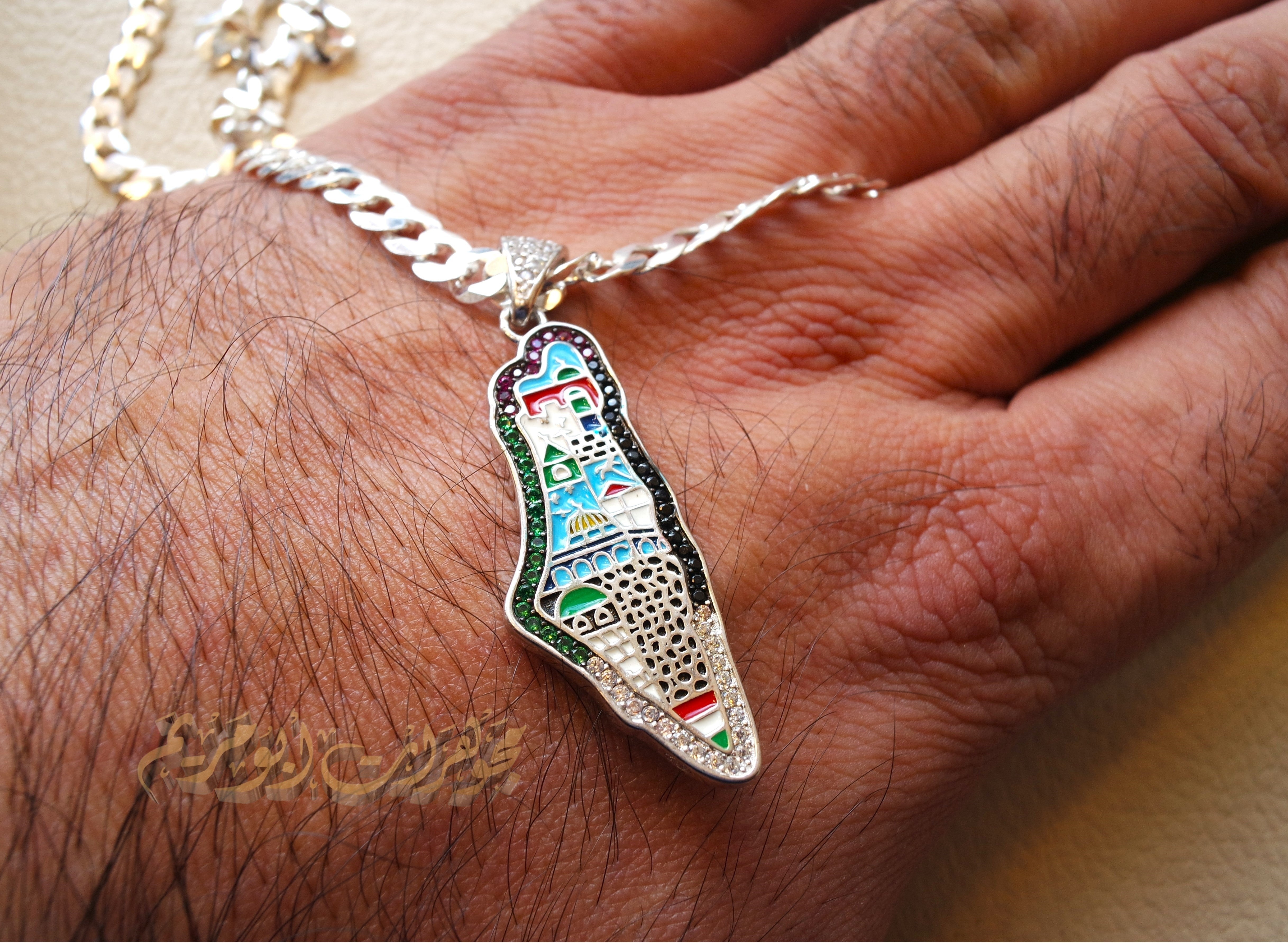 Palestine map Aqsa colorful enamel Palestinian flag colors cubic zirconia necklace thick chain 2 sterling silver 925 high quality jewelry Arabic خارطه فلسطين