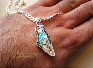 Palestine map Aqsa colorful enamel Palestinian flag colors cubic zirconia necklace thick chain 2 sterling silver 925 high quality jewelry Arabic خارطه فلسطين