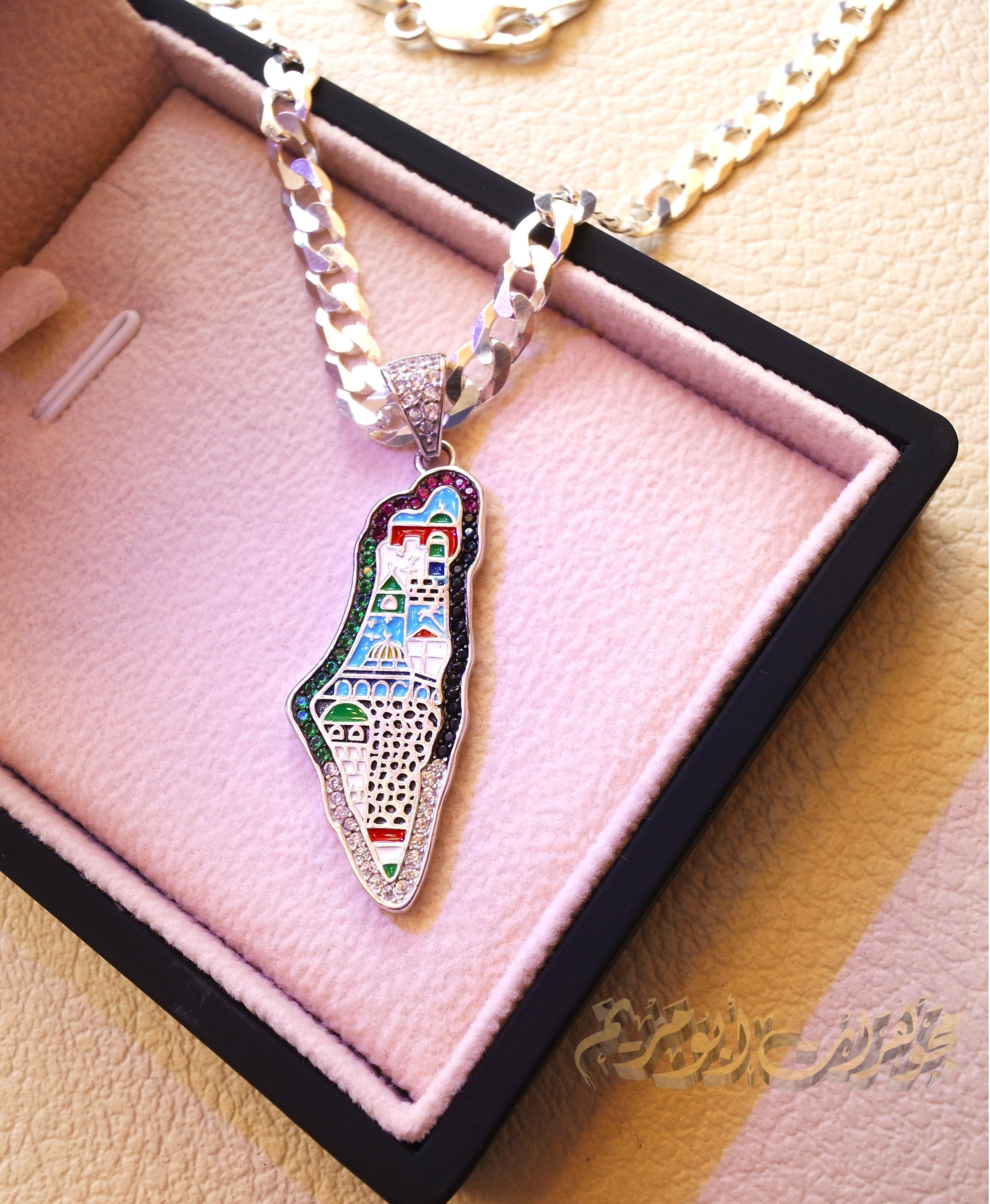 Palestine map Aqsa colorful enamel Palestinian flag colors cubic zirconia necklace thick chain 2 sterling silver 925 high quality jewelry Arabic خارطه فلسطين
