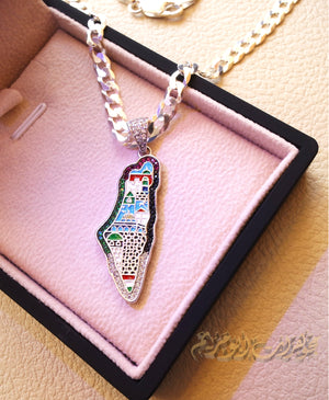 Palestine map Aqsa colorful enamel Palestinian flag colors cubic zirconia necklace thick chain 2 sterling silver 925 high quality jewelry Arabic خارطه فلسطين