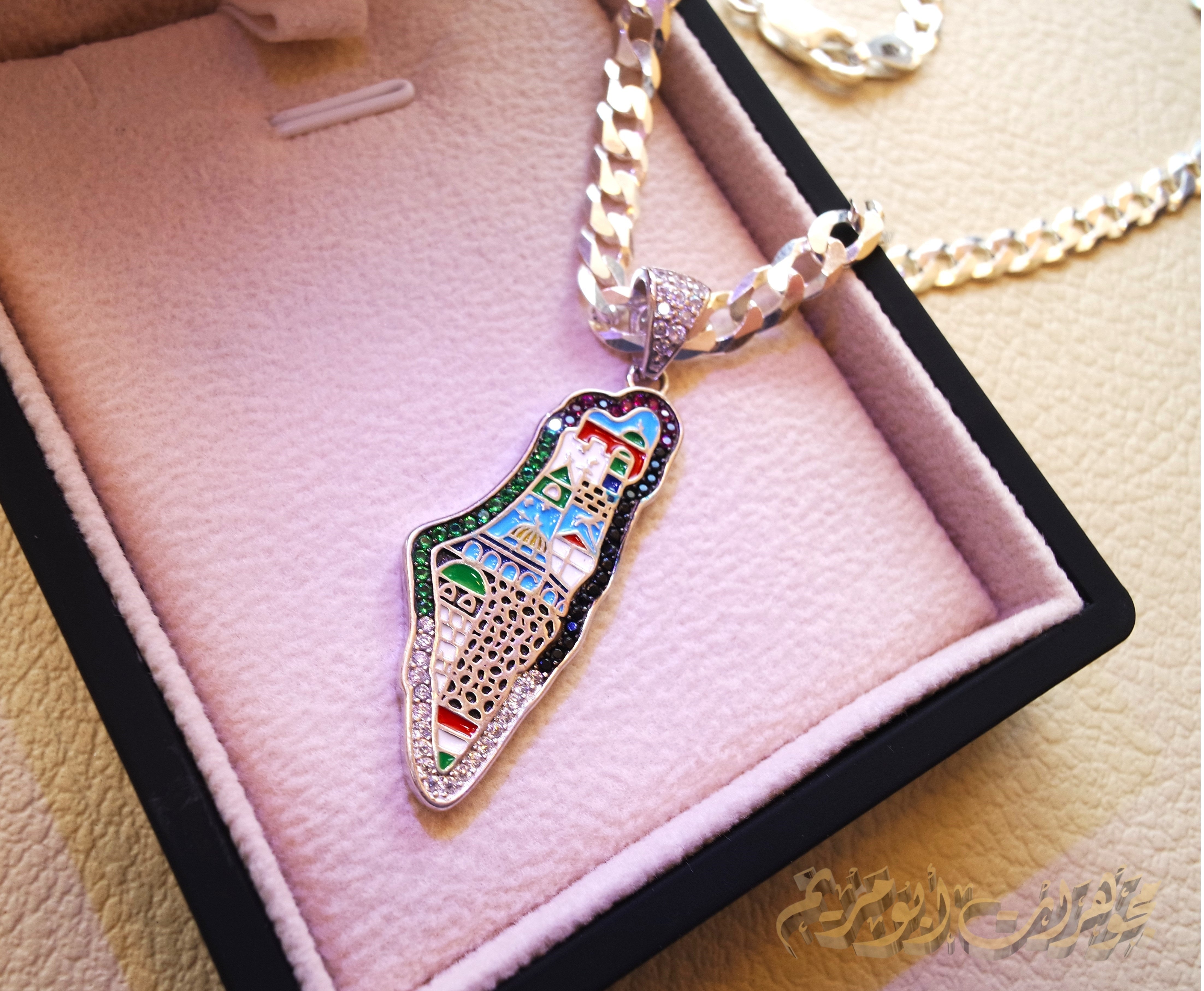 Palestine map Aqsa colorful enamel Palestinian flag colors cubic zirconia necklace thick chain 2 sterling silver 925 high quality jewelry Arabic خارطه فلسطين