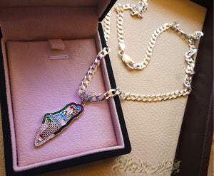 Palestine map Aqsa colorful enamel Palestinian flag colors cubic zirconia necklace thick chain 2 sterling silver 925 high quality jewelry Arabic خارطه فلسطين
