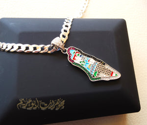 Palestine map Aqsa colorful enamel Palestinian flag colors cubic zirconia necklace thick chain 2 sterling silver 925 high quality jewelry Arabic خارطه فلسطين