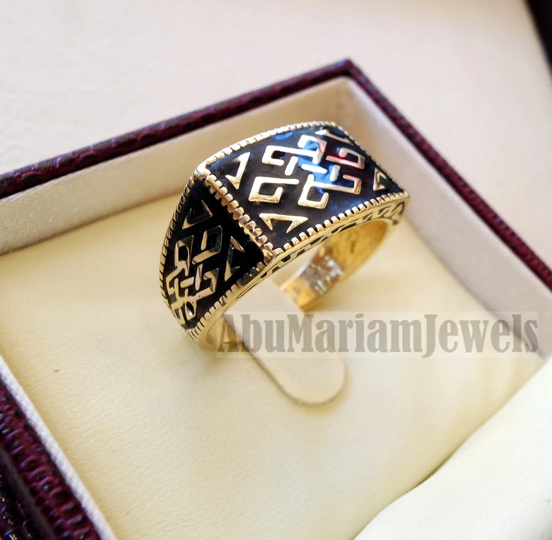 Celtic knot 10k yellow gold and black enamel men ring all sizes signet style fine jewelry fast shipping heavy man ring