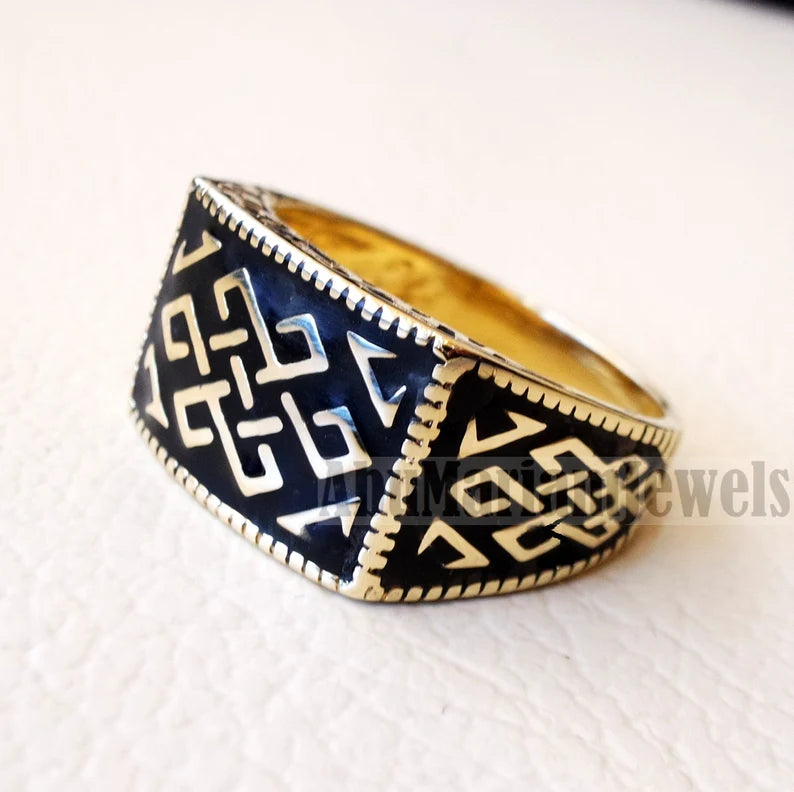 Celtic knot 10k yellow gold and black enamel men ring all sizes signet style fine jewelry fast shipping heavy man ring