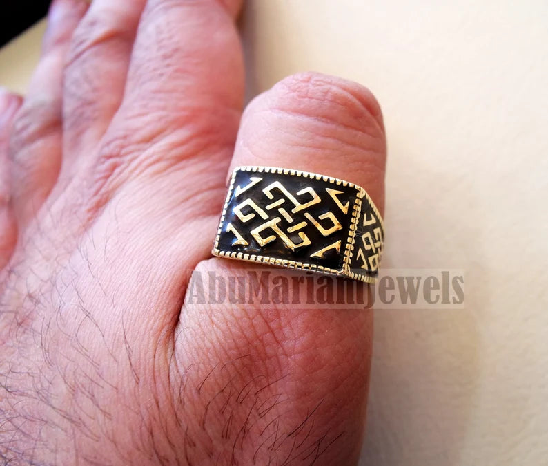 Celtic knot 10k yellow gold and black enamel men ring all sizes signet style fine jewelry fast shipping heavy man ring