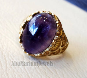 10k yellow gold men ring natural Amethyst cabochon dark purple stone all sizes Ottoman signet style fine jewelry fast shipping