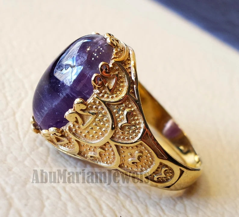 10k yellow gold men ring natural Amethyst cabochon dark purple stone all sizes Ottoman signet style fine jewelry fast shipping