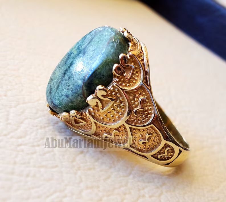 10k yellow gold men ring natural green swiss opal cabochon high quality stone all sizes Ottoman signet style fine jewelry fast shipping