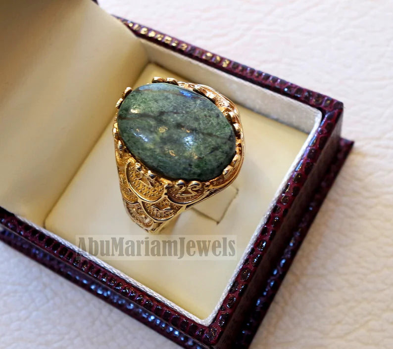 10k yellow gold men ring natural green swiss opal cabochon high quality stone all sizes Ottoman signet style fine jewelry fast shipping