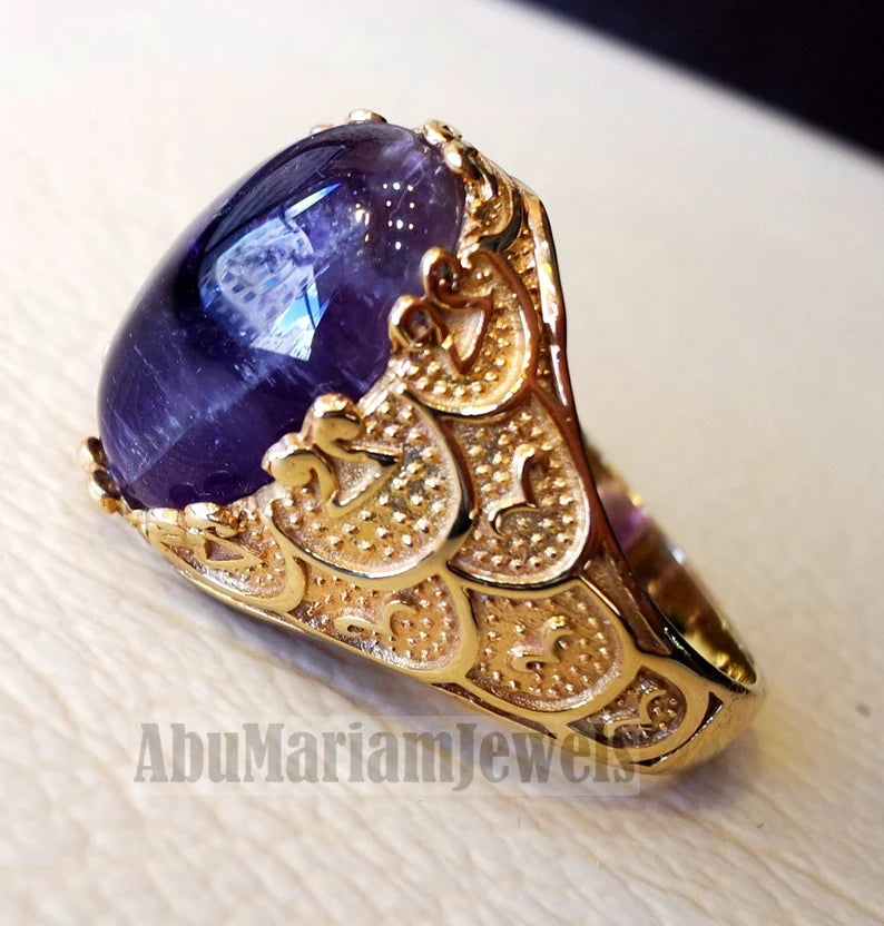 10k yellow gold men ring natural Amethyst cabochon dark purple stone all sizes Ottoman signet style fine jewelry fast shipping
