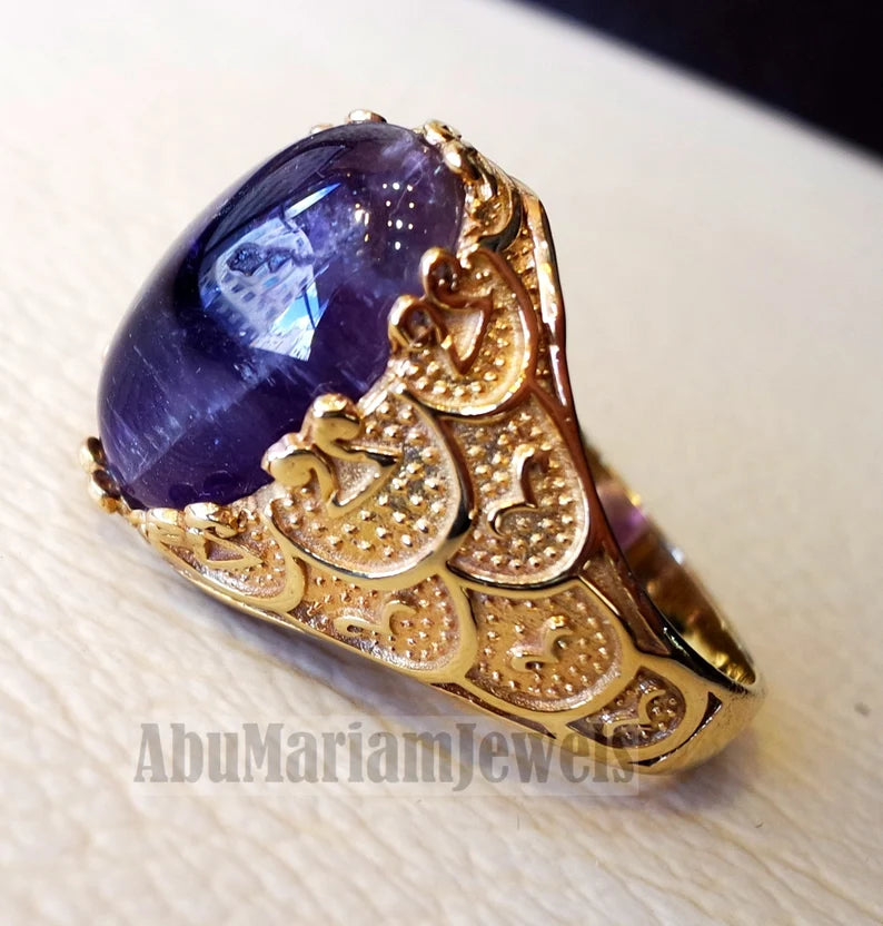 10k yellow gold men ring natural Amethyst cabochon dark purple stone all sizes Ottoman signet style fine jewelry fast shipping