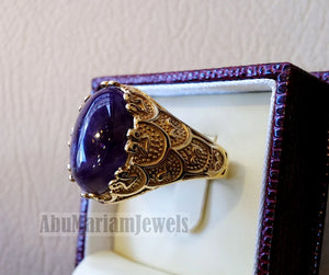10k yellow gold men ring natural Amethyst cabochon dark purple stone all sizes Ottoman signet style fine jewelry fast shipping