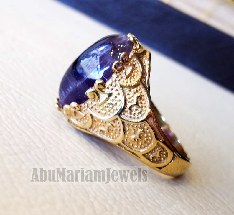 10k yellow gold men ring natural Amethyst cabochon dark purple stone all sizes Ottoman signet style fine jewelry fast shipping