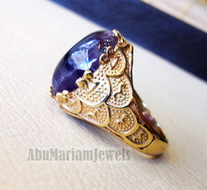 10k yellow gold men ring natural Amethyst cabochon dark purple stone all sizes Ottoman signet style fine jewelry fast shipping